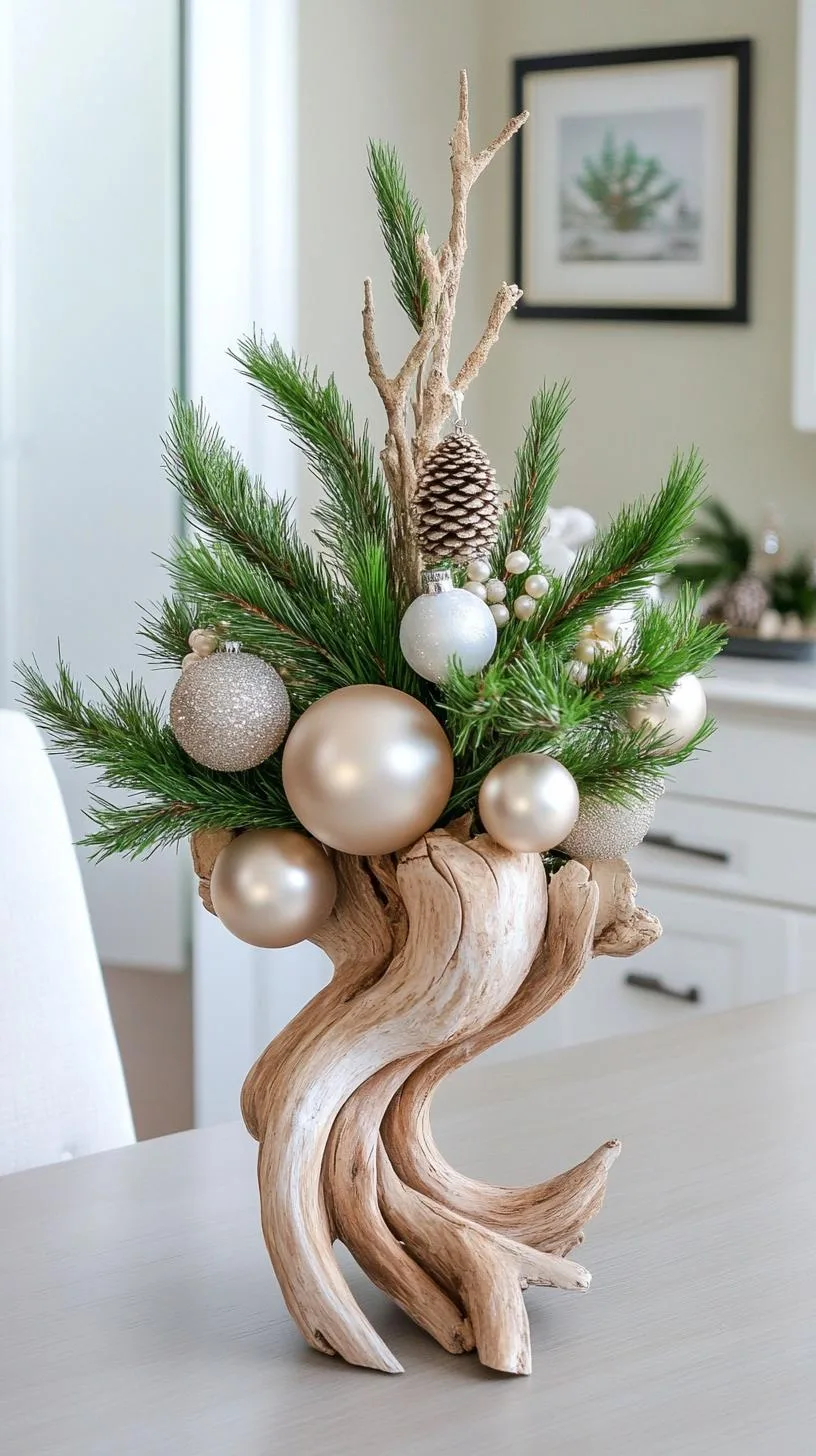 15 Stunning Winter Centerpieces to Transform Your Table 62 13. Silvery Driftwood Display: Use a long piece of driftwood, with a silvery finish, adorned with tiny pine branches and pearl-like ornaments-1