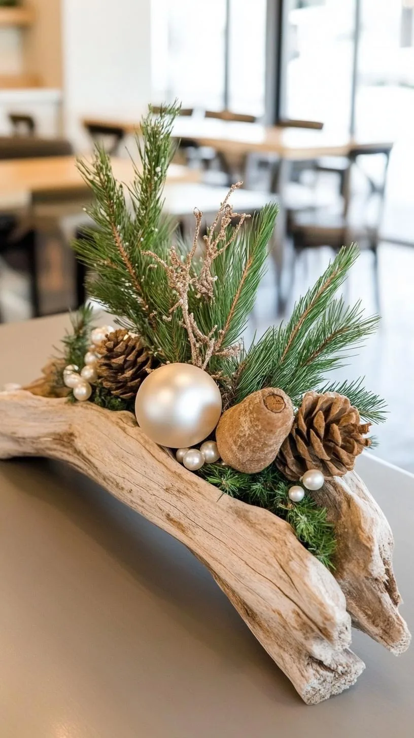15 Stunning Winter Centerpieces to Transform Your Table 65 13. Silvery Driftwood Display: Use a long piece of driftwood, with a silvery finish, adorned with tiny pine branches and pearl-like ornaments-2