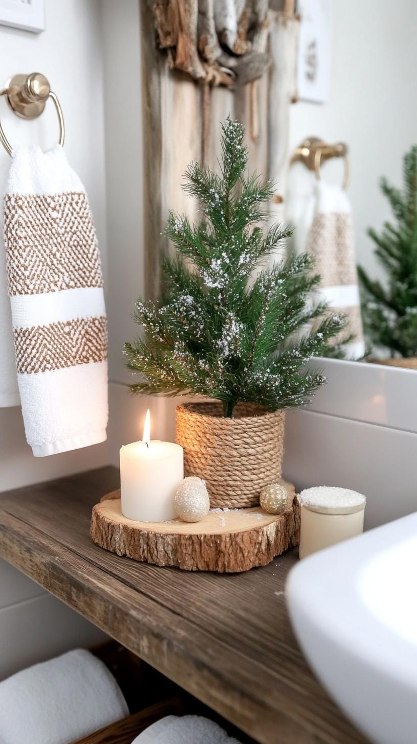 4. Small artificial tree with faux snow accents on shelf-0