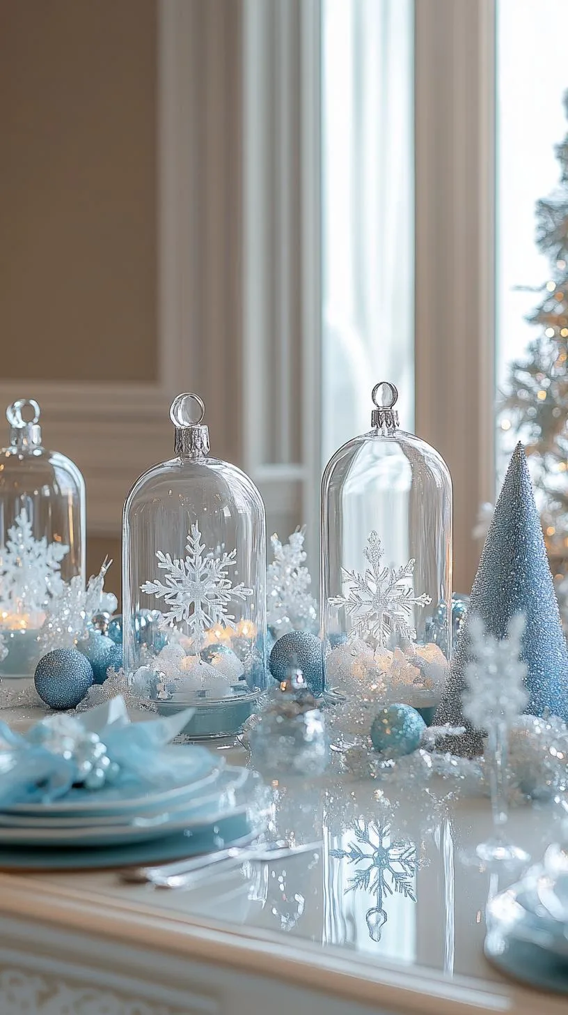 15 Stunning Winter Centerpieces to Transform Your Table 8 2. Snowflake Terrariums: Use clear glass domes to house delicate snowflake ornaments alongside pale blue and silver baubles-1