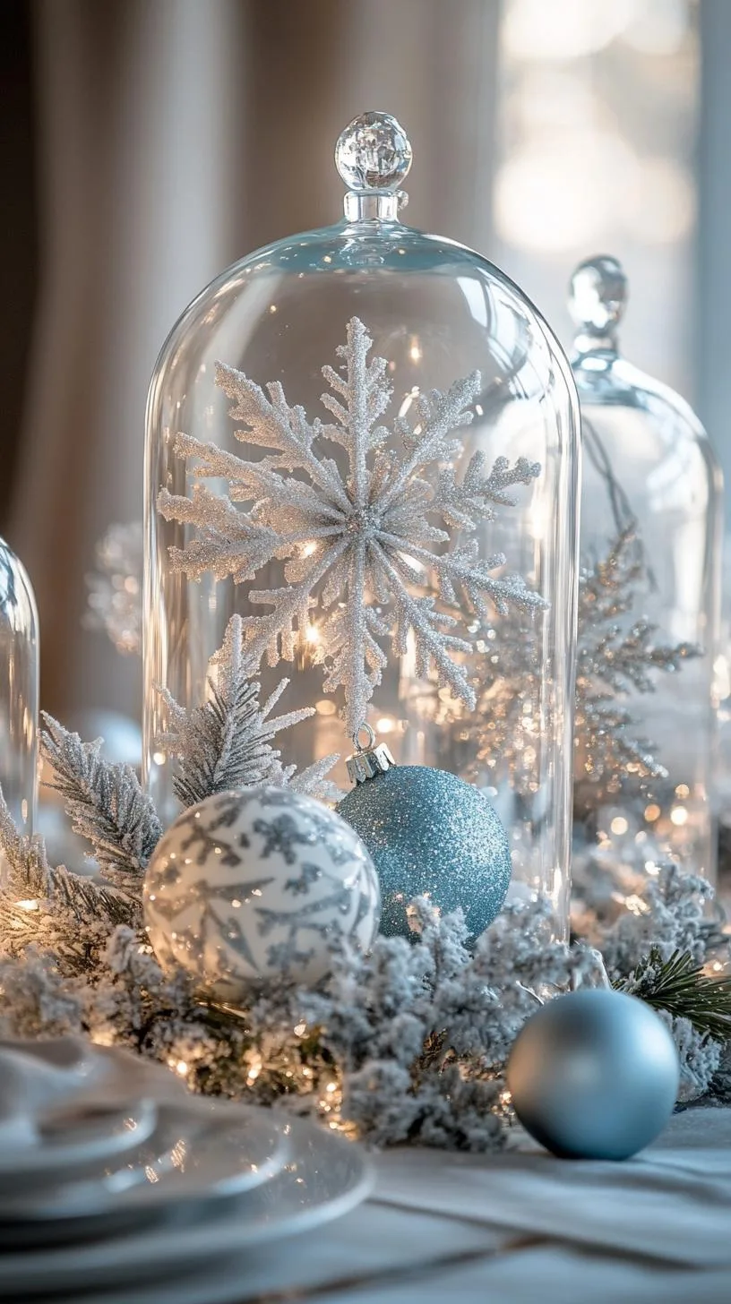 15 Stunning Winter Centerpieces to Transform Your Table 11 2. Snowflake Terrariums: Use clear glass domes to house delicate snowflake ornaments alongside pale blue and silver baubles-2