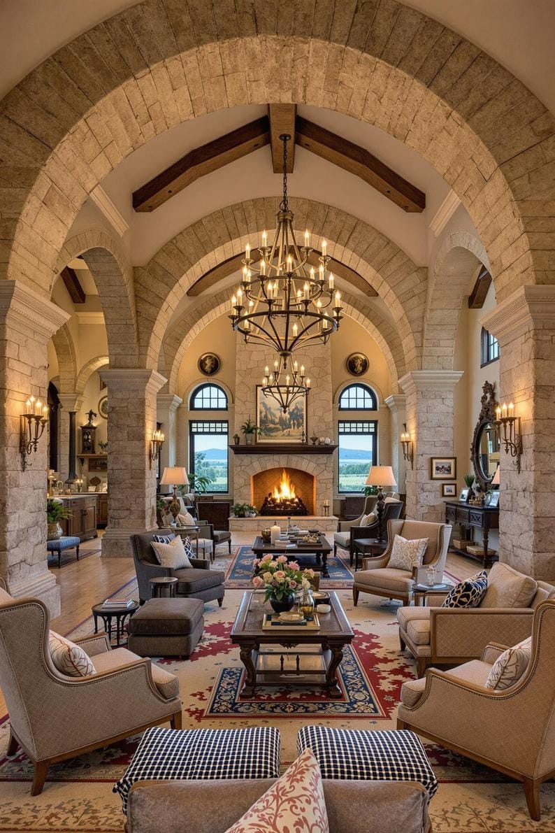 23. Stone archways and chandeliers in grand, ranch-style living space-1