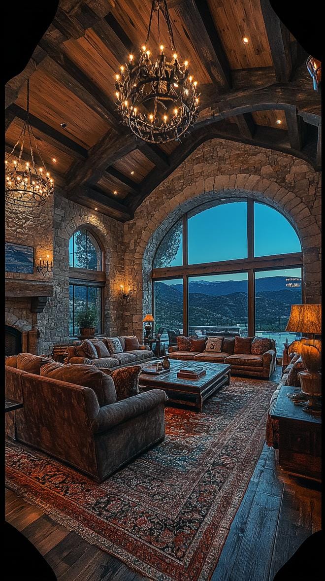 23. Stone archways and chandeliers in grand, ranch-style living space-2