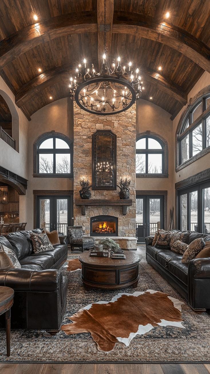 23. Stone archways and chandeliers in grand, ranch-style living space-3