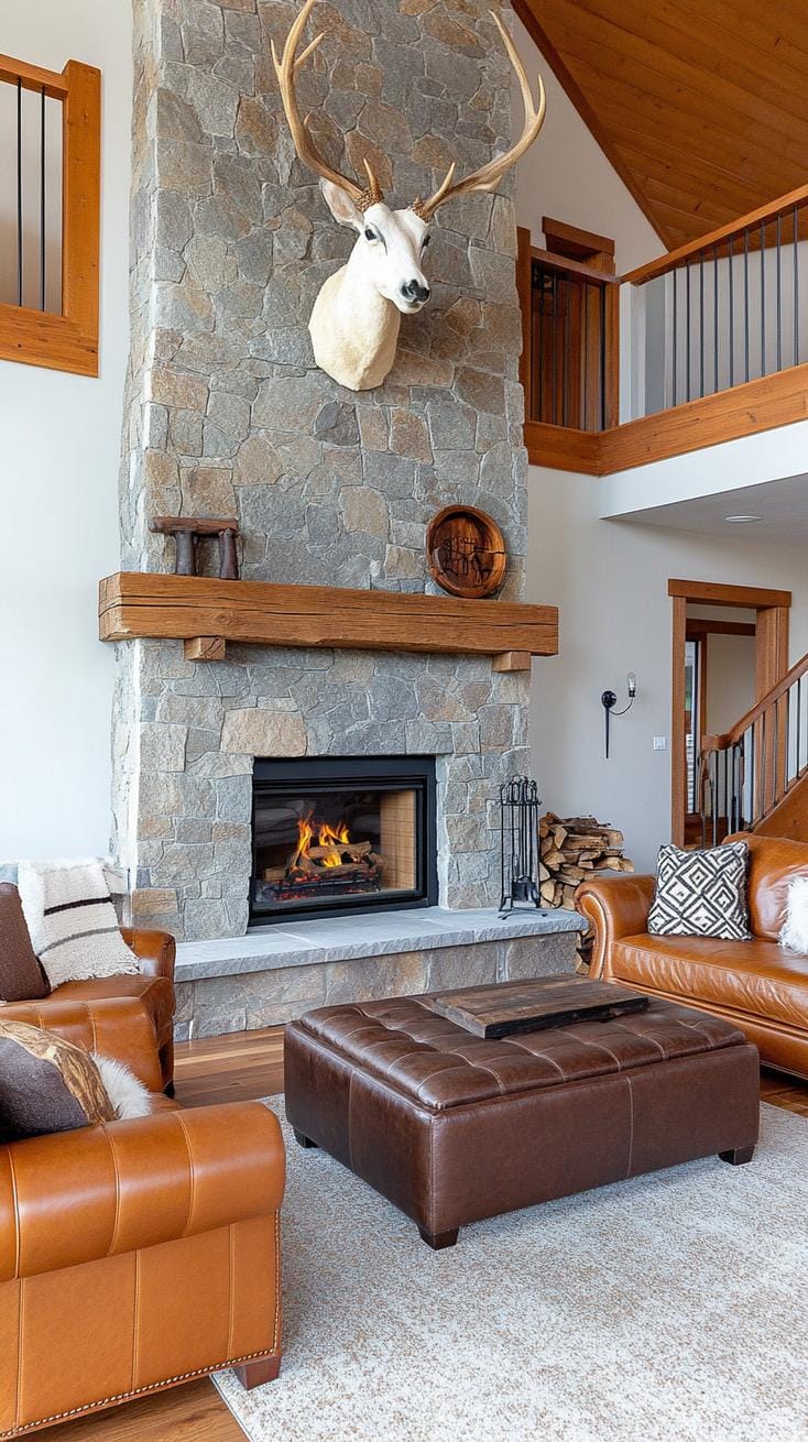 7. Stone fireplace surrounded by leather couches and Western decor-0