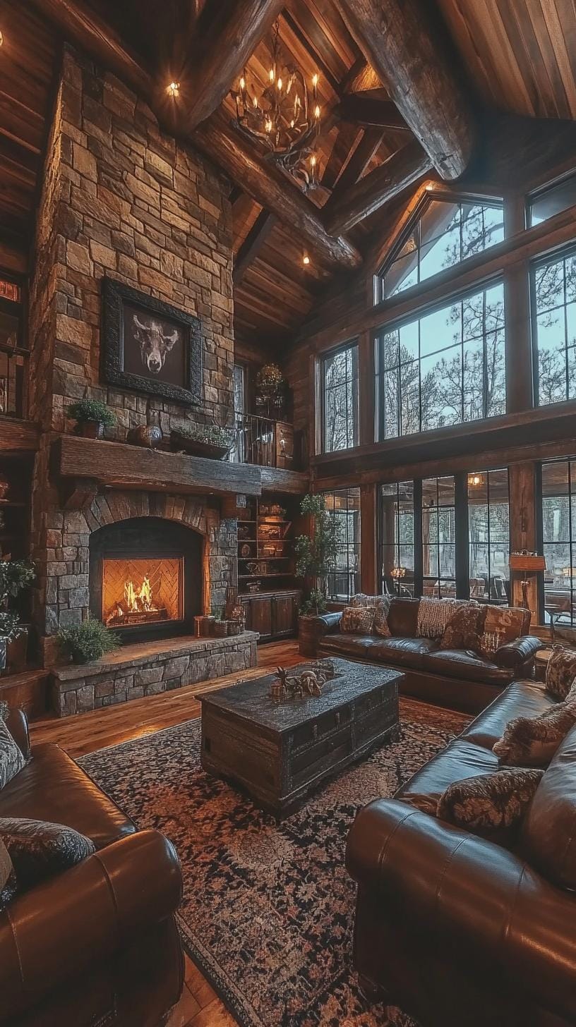 7. Stone fireplace surrounded by leather couches and Western decor-1