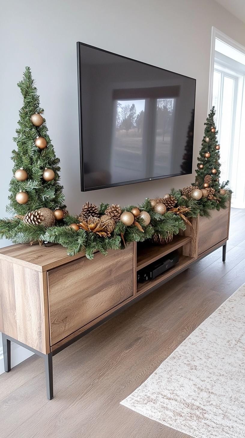 10. Transitional TV stand with a mix of traditional and modern Christmas elements-0