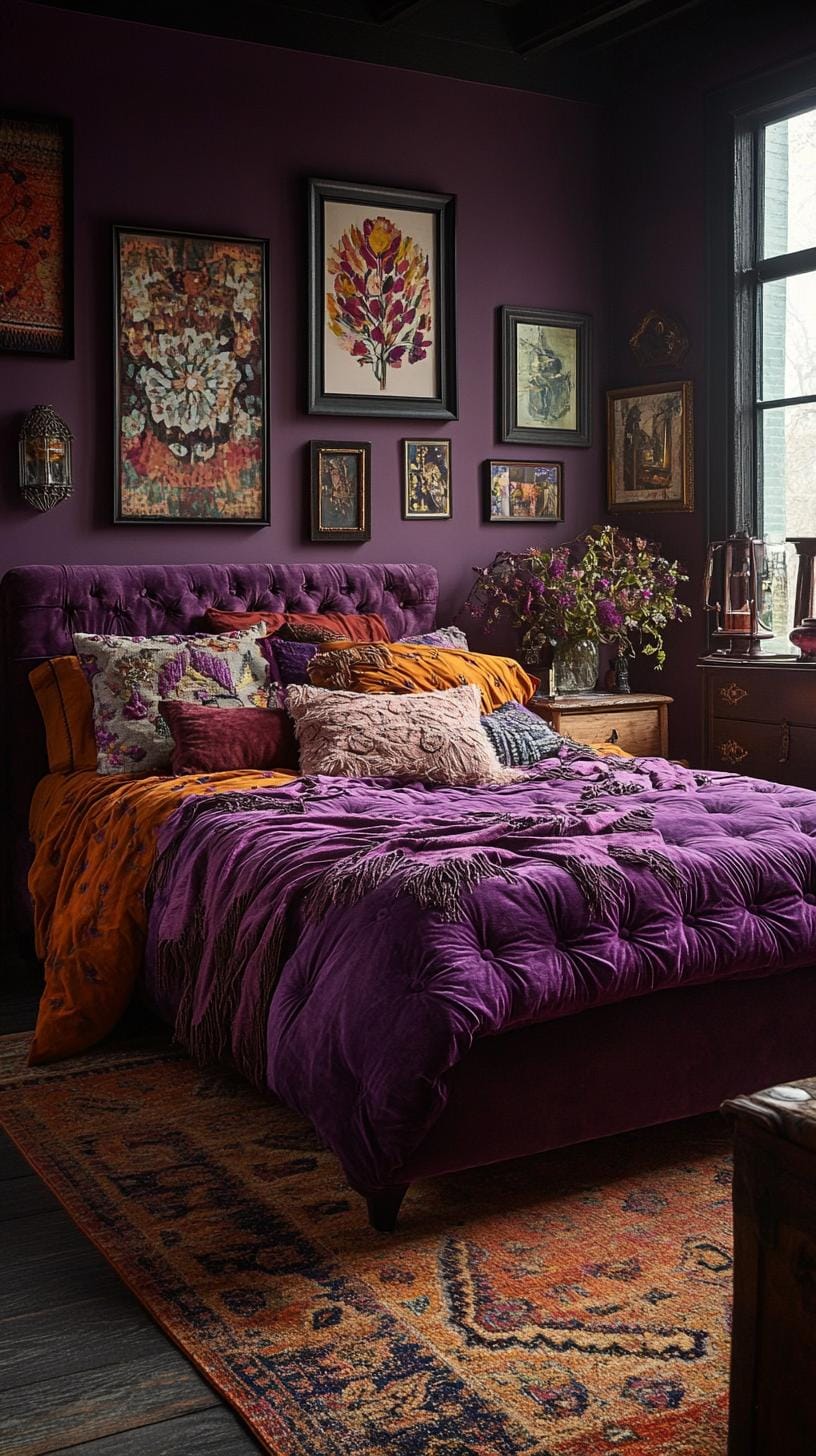 4. Velvet bedding in jewel tones with eclectic framed wall art-0