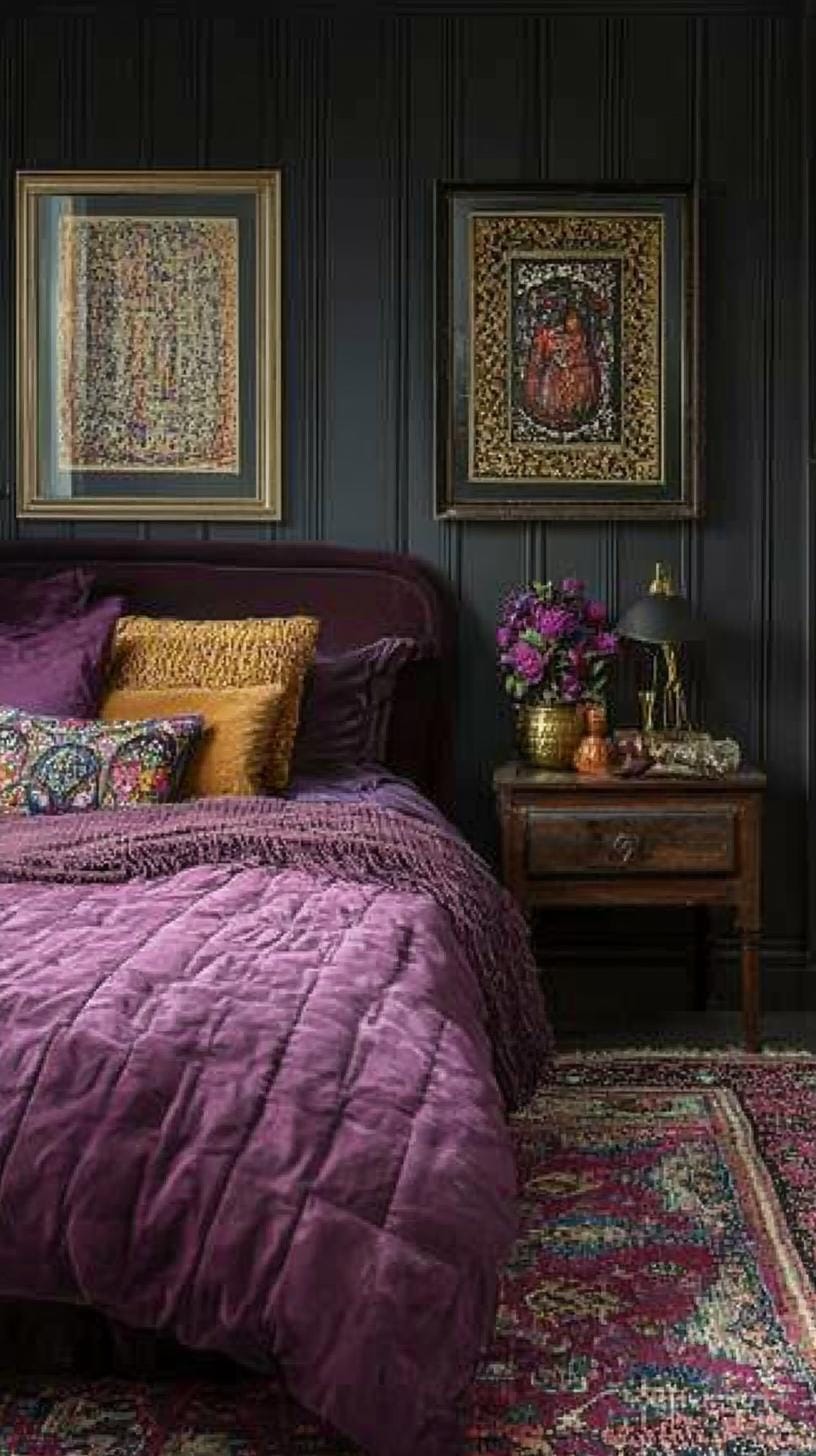 4. Velvet bedding in jewel tones with eclectic framed wall art-1