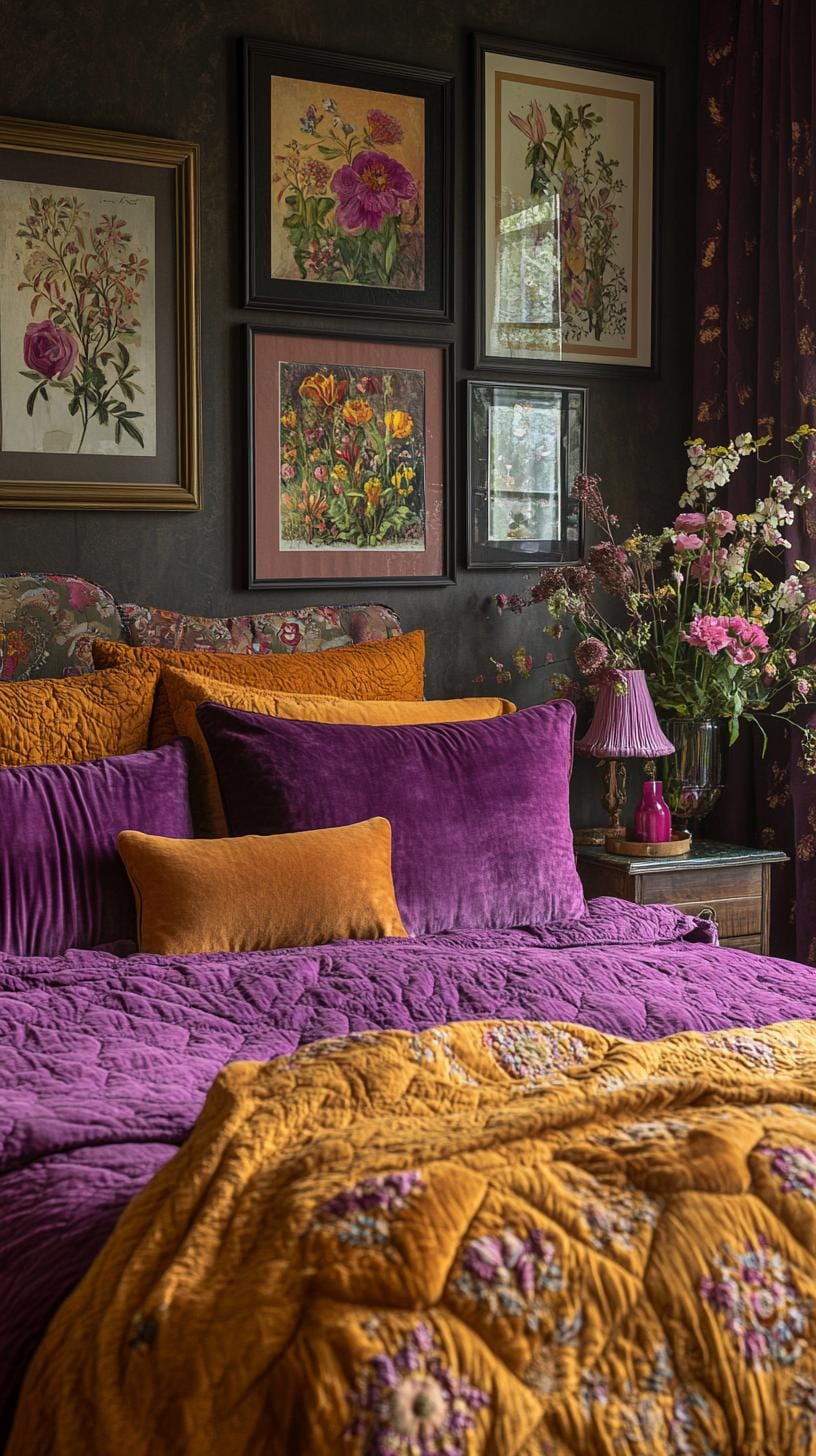 4. Velvet bedding in jewel tones with eclectic framed wall art-2