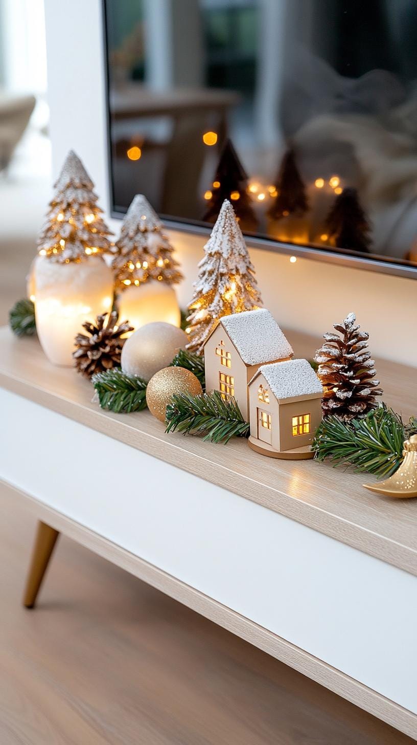 1. Vintage-inspired TV stand with snowy village scene and twinkle lights-0