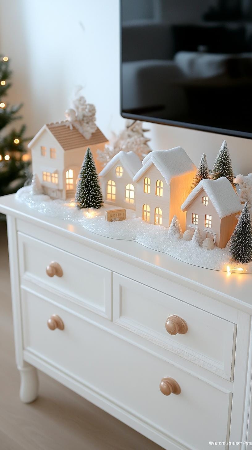 1. Vintage-inspired TV stand with snowy village scene and twinkle lights-1