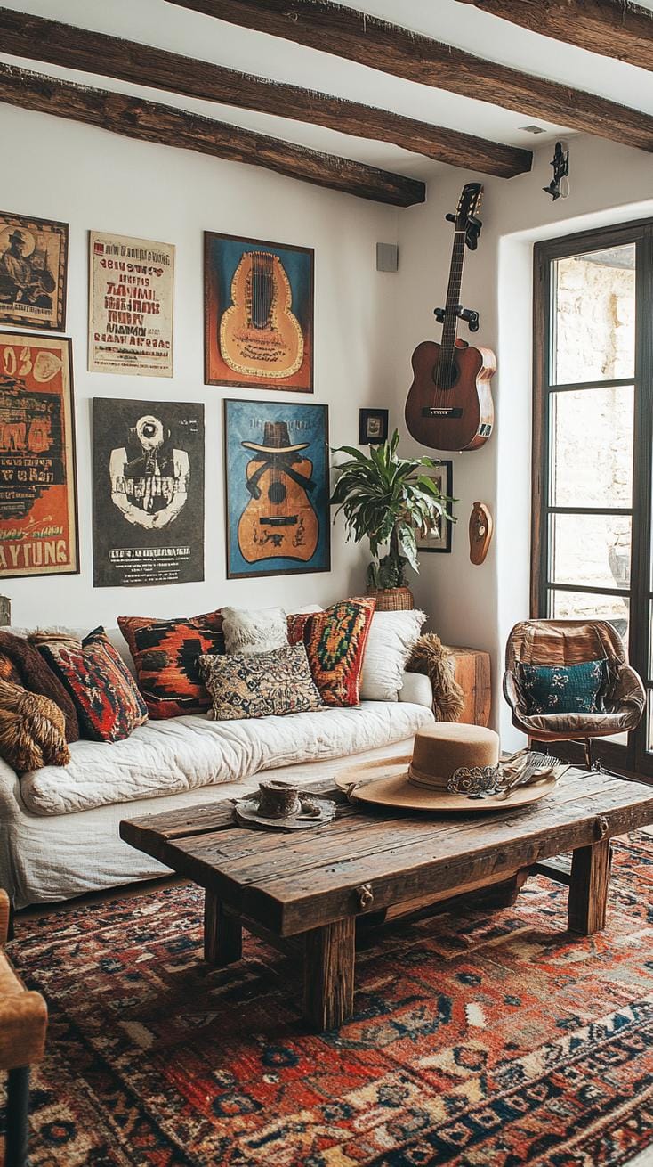 4. Western-themed gallery wall with hats, guitars, and vintage posters-0