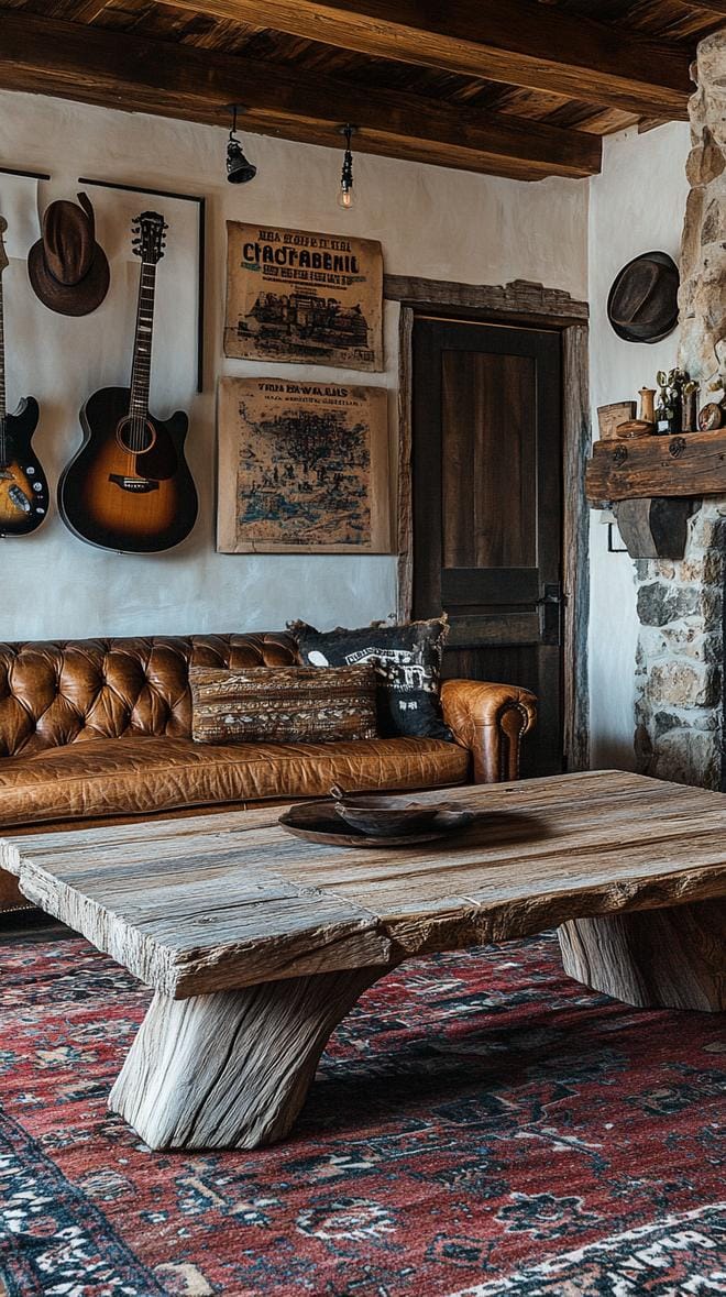 4. Western-themed gallery wall with hats, guitars, and vintage posters-2