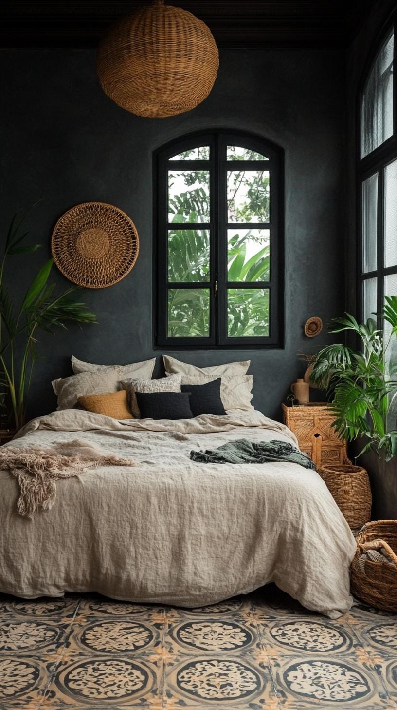 3. Wicker and rattan decor against rich, earthy-colored walls-0