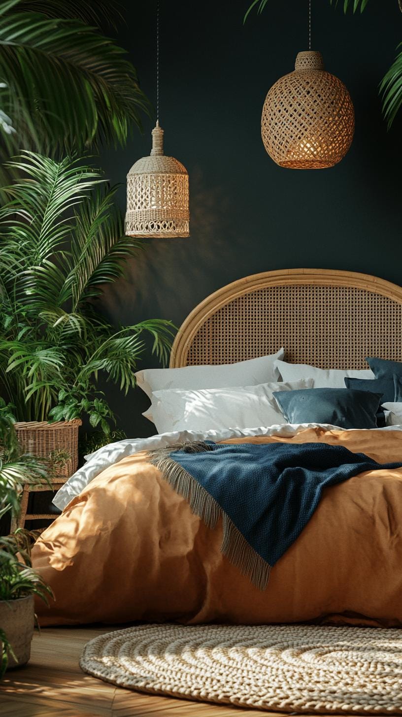 3. Wicker and rattan decor against rich, earthy-colored walls-1