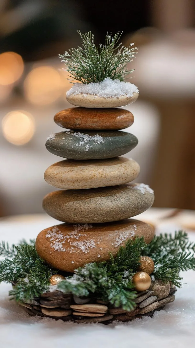 15 Stunning Winter Centerpieces to Transform Your Table 28 6. Woodland Winter Cairn: Build a stone cairn adorned with sprigs of greenery, creating a natural woodland feel, accented with dustings of faux snow-0