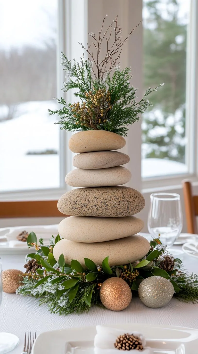 15 Stunning Winter Centerpieces to Transform Your Table 29 6. Woodland Winter Cairn: Build a stone cairn adorned with sprigs of greenery, creating a natural woodland feel, accented with dustings of faux snow-1