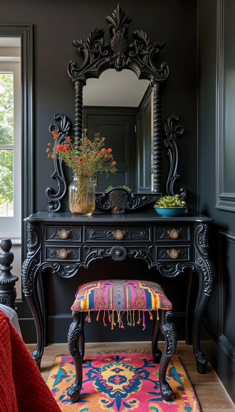 15. A baroque-style vanity repainted in black, juxtaposed with colorful boho woven seat cushions-0