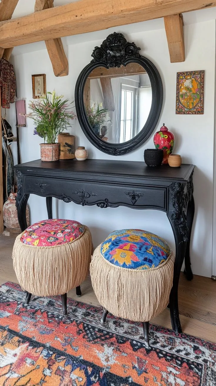 15. A baroque-style vanity repainted in black, juxtaposed with colorful boho woven seat cushions-1