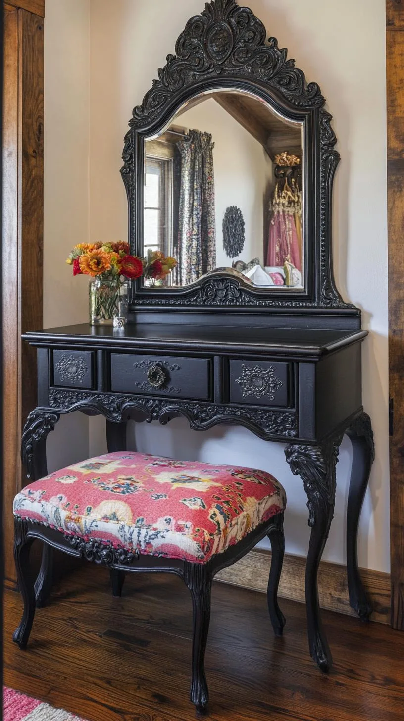 15. A baroque-style vanity repainted in black, juxtaposed with colorful boho woven seat cushions-2