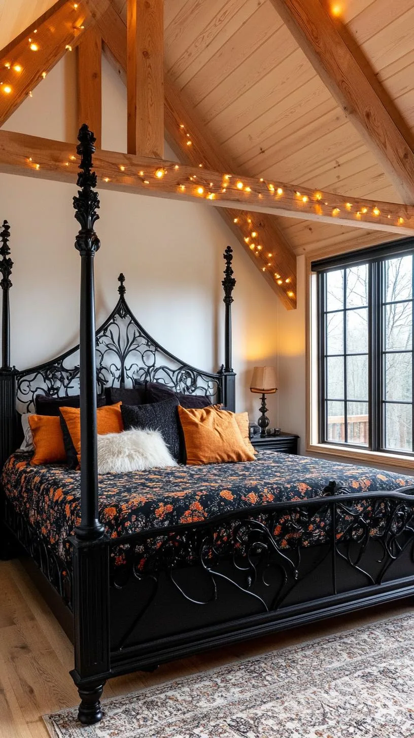 11. A black wrought iron bed hung with twinkling string lights and a dramatic, dark floral printed bedspread-0