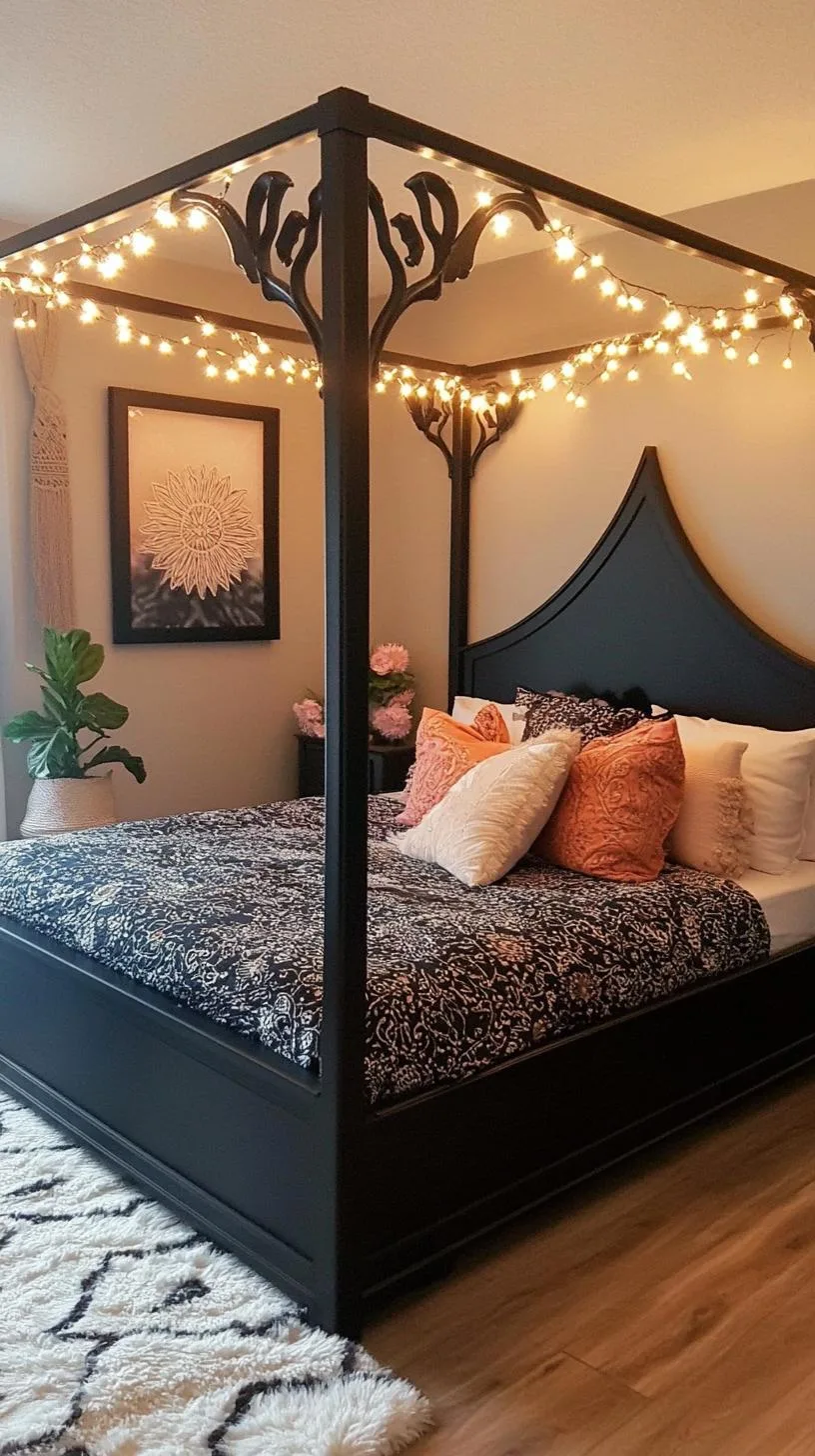 11. A black wrought iron bed hung with twinkling string lights and a dramatic, dark floral printed bedspread-1