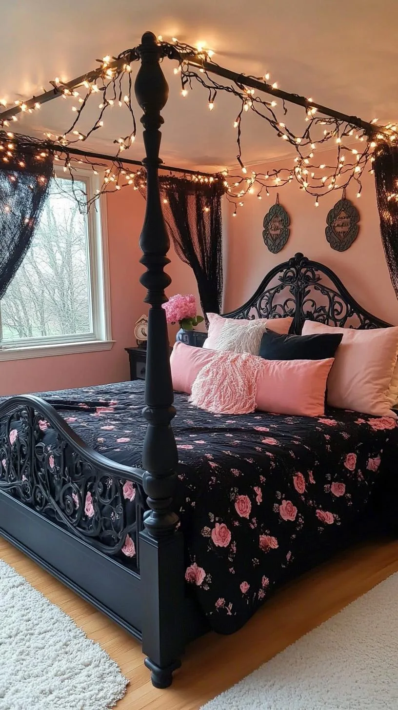 11. A black wrought iron bed hung with twinkling string lights and a dramatic, dark floral printed bedspread-2