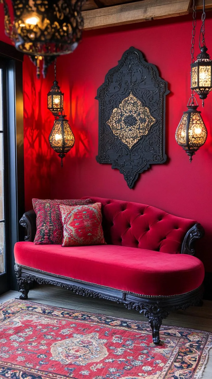 14. A combination of beadwork wall hangings and vintage lanterns arranged artfully above a velvet chaise lounge-0