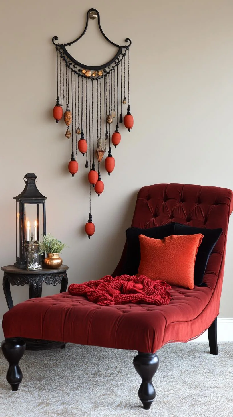 14. A combination of beadwork wall hangings and vintage lanterns arranged artfully above a velvet chaise lounge-1