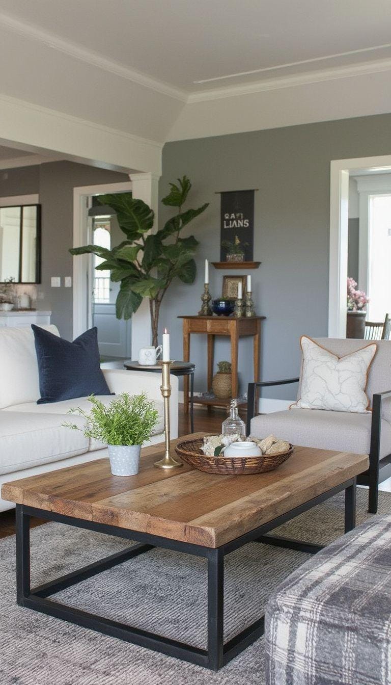 1. A cozy industrial farmhouse living room layout featuring a reclaimed wooden coffee table, surrounded by metal-framed armchairs, with neutral gray and white tones on the walls-0