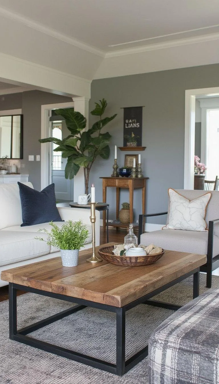 21 Best Industrial Farmhouse Living Room Ideas to Inspire 3 1. A cozy industrial farmhouse living room layout featuring a reclaimed wooden coffee table, surrounded by metal-framed armchairs, with neutral gray and white tones on the walls-0