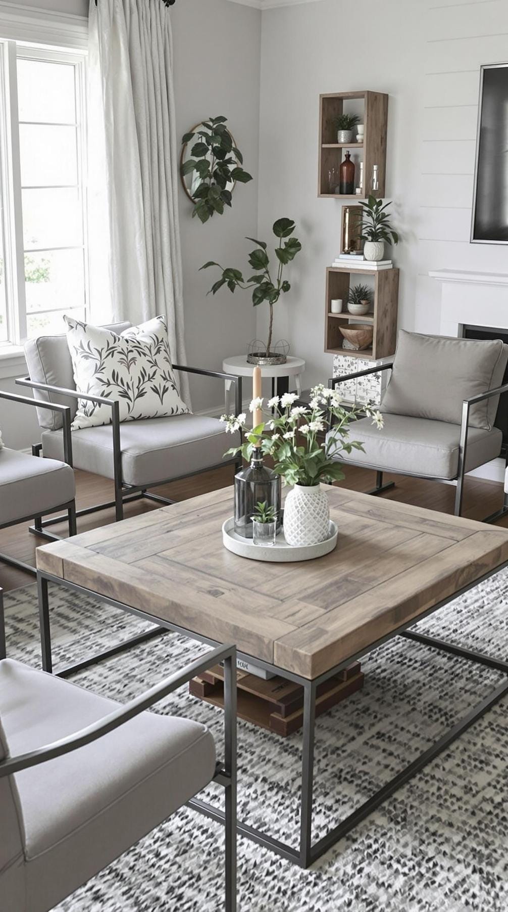 1. A cozy industrial farmhouse living room layout featuring a reclaimed wooden coffee table, surrounded by metal-framed armchairs, with neutral gray and white tones on the walls-1