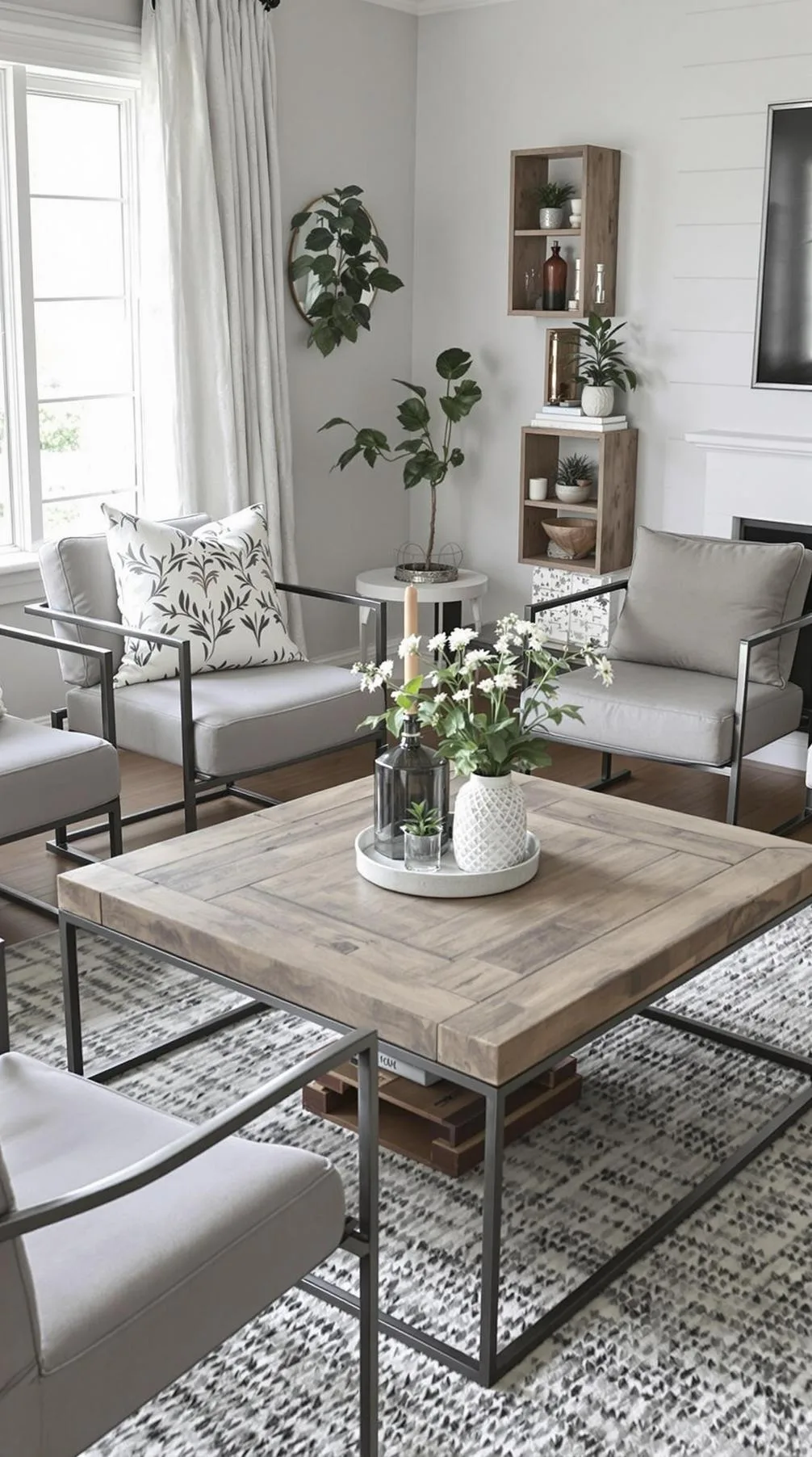 21 Best Industrial Farmhouse Living Room Ideas to Inspire 4 1. A cozy industrial farmhouse living room layout featuring a reclaimed wooden coffee table, surrounded by metal-framed armchairs, with neutral gray and white tones on the walls-1