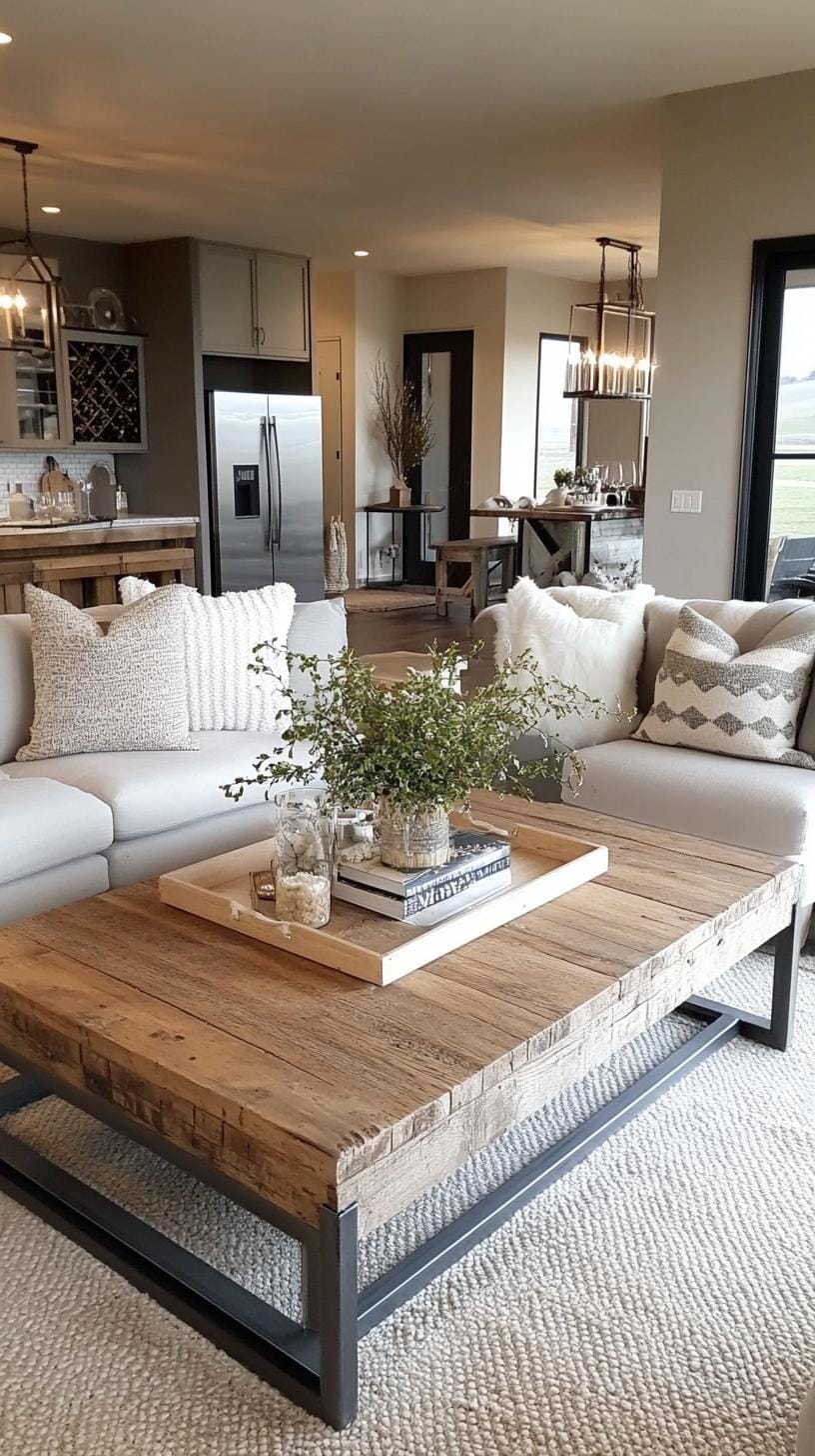 1. A cozy industrial farmhouse living room layout featuring a reclaimed wooden coffee table, surrounded by metal-framed armchairs, with neutral gray and white tones on the walls-2