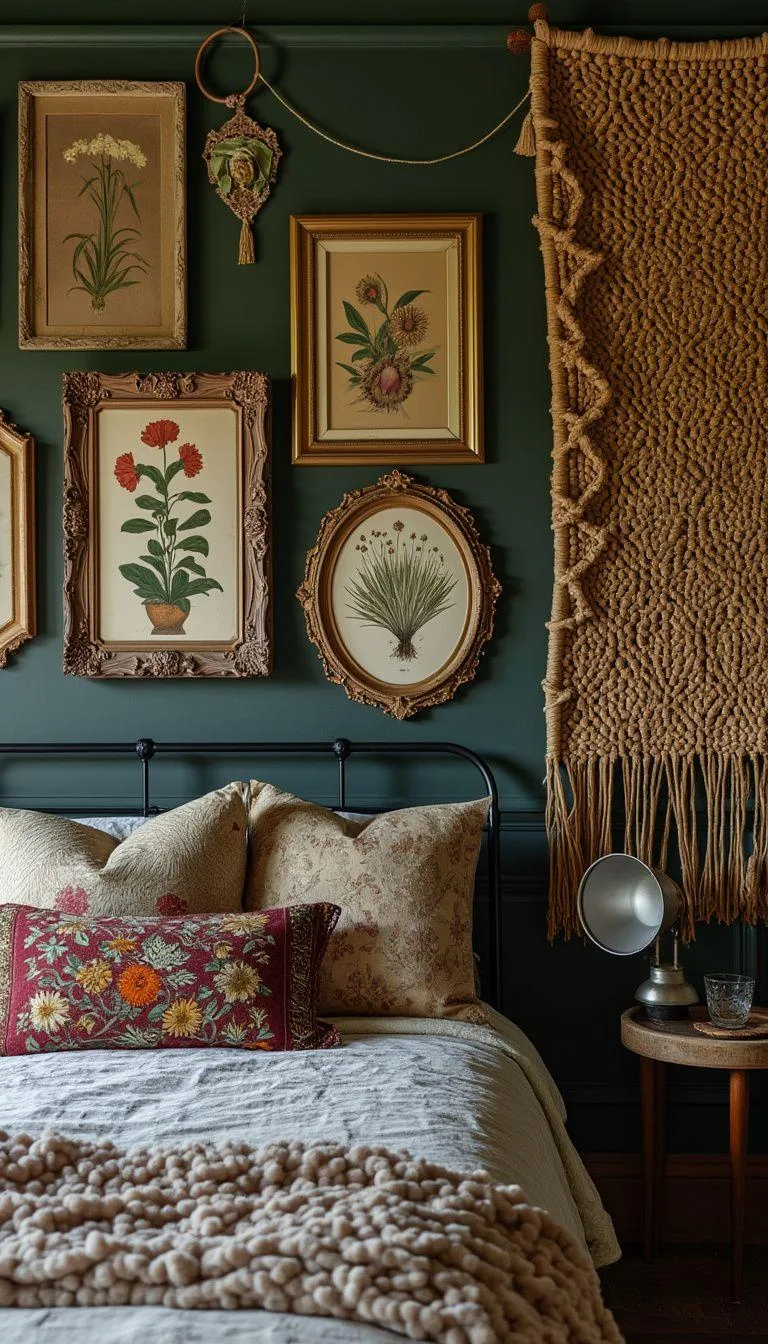 2. A gallery wall with framed Victorian-era botanical prints intermixed with rattan tapestries-0