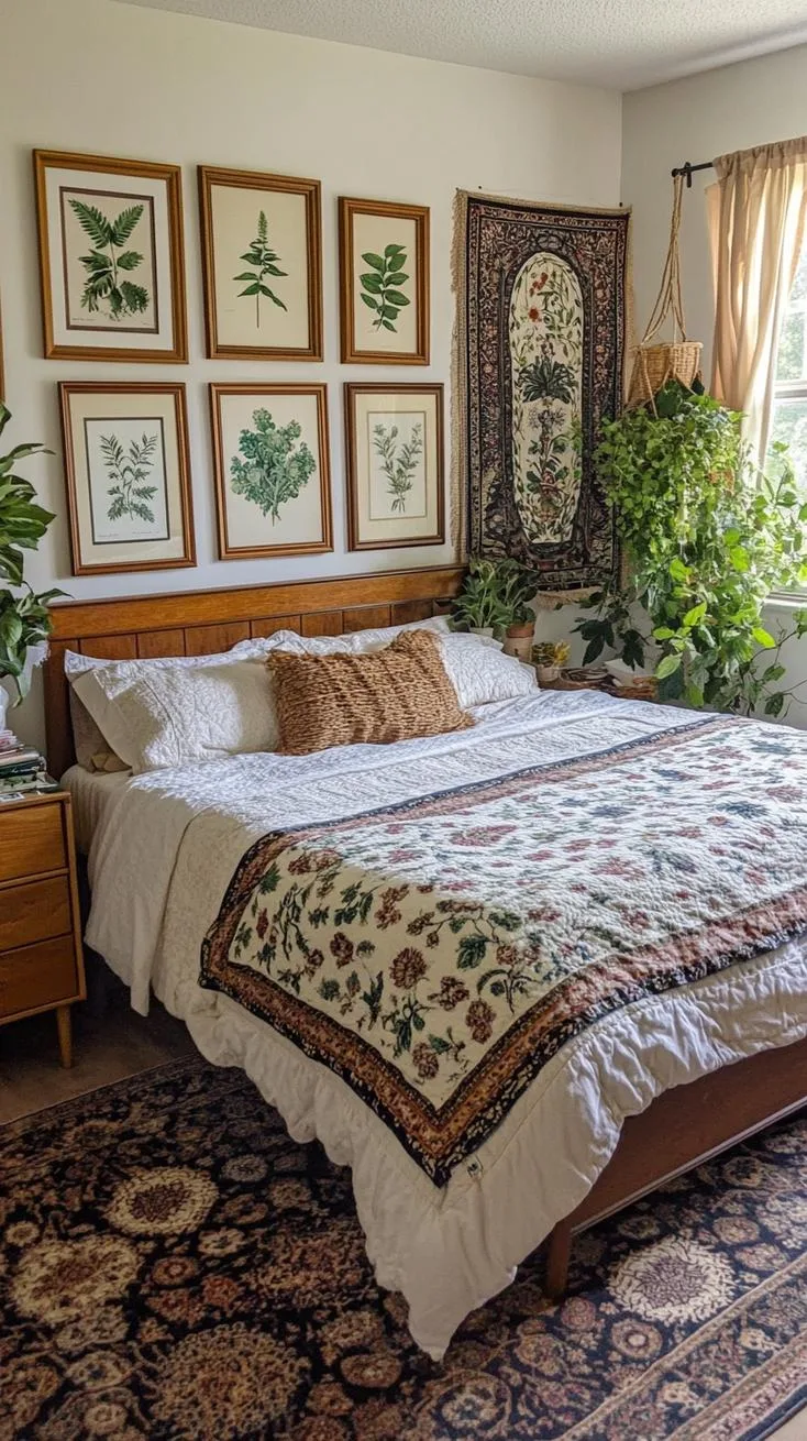 2. A gallery wall with framed Victorian-era botanical prints intermixed with rattan tapestries-1