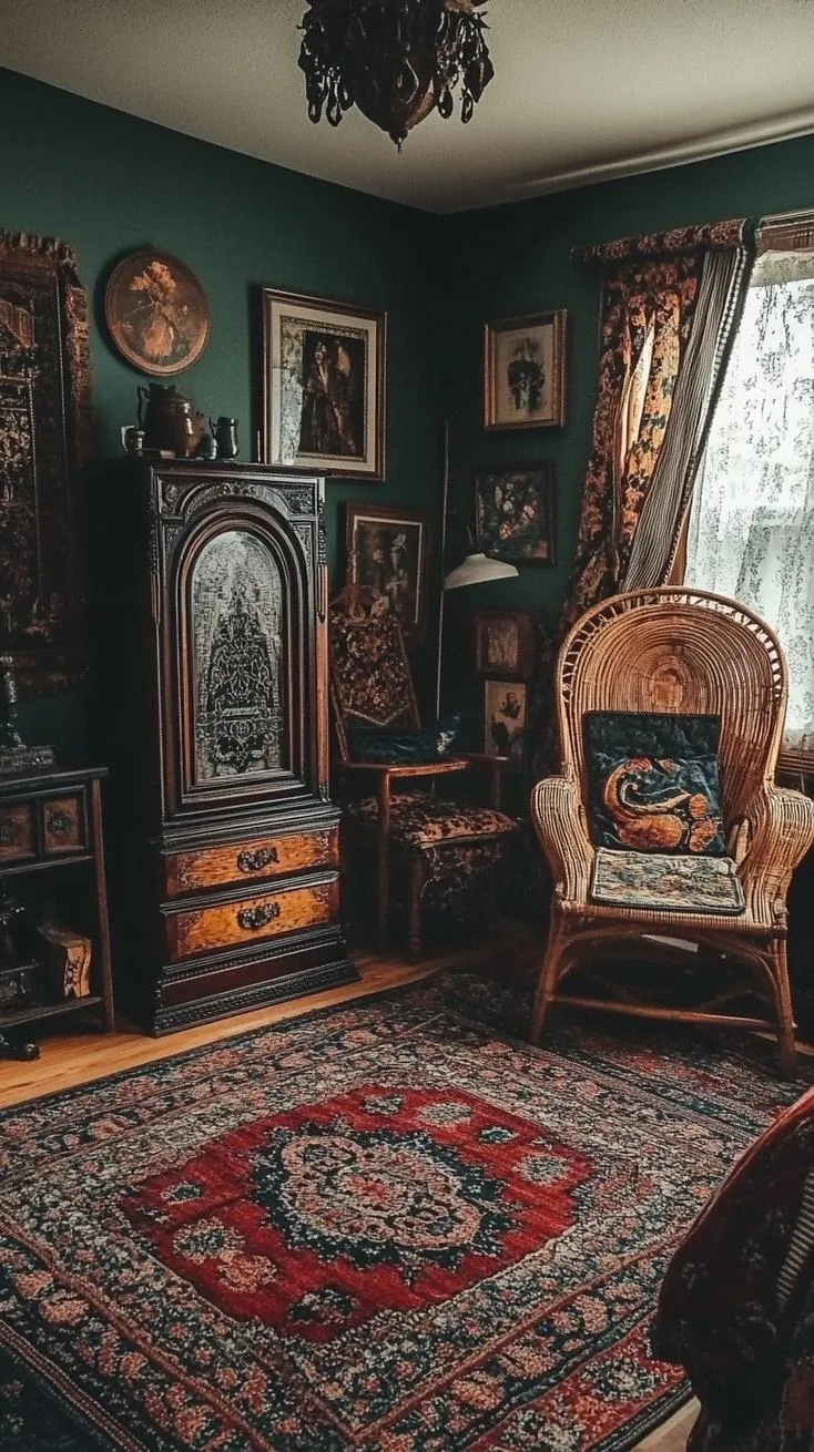 2. A gallery wall with framed Victorian-era botanical prints intermixed with rattan tapestries-2