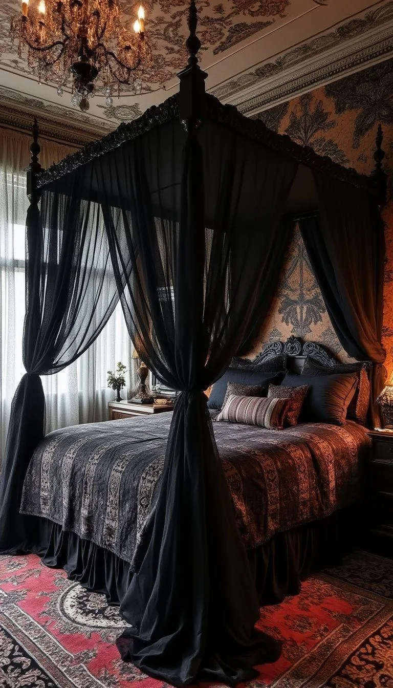 17. A mix of darkly colored tapestries and draped chiffon fabric over a four-poster bed, creating an exotic tent allure-0