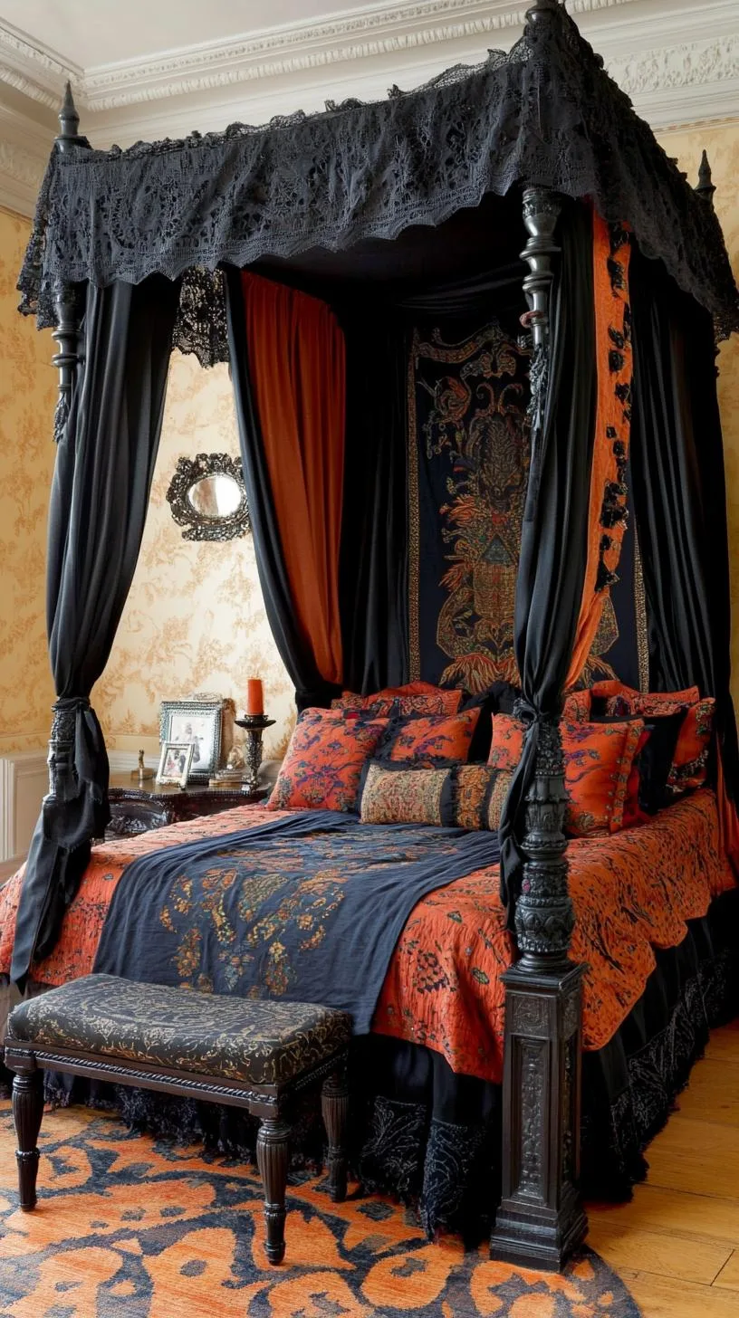 17. A mix of darkly colored tapestries and draped chiffon fabric over a four-poster bed, creating an exotic tent allure-1
