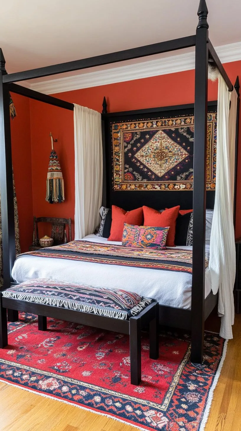 17. A mix of darkly colored tapestries and draped chiffon fabric over a four-poster bed, creating an exotic tent allure-2
