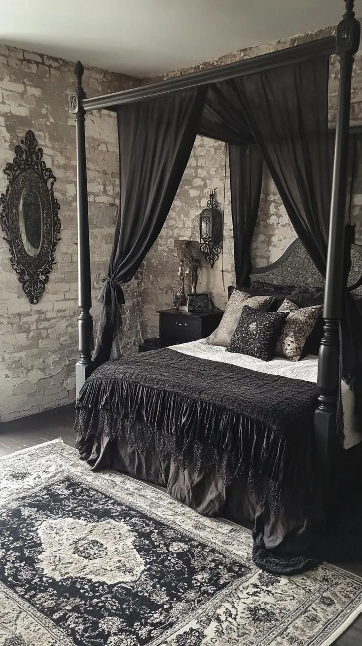 17. A mix of darkly colored tapestries and draped chiffon fabric over a four-poster bed, creating an exotic tent allure-3