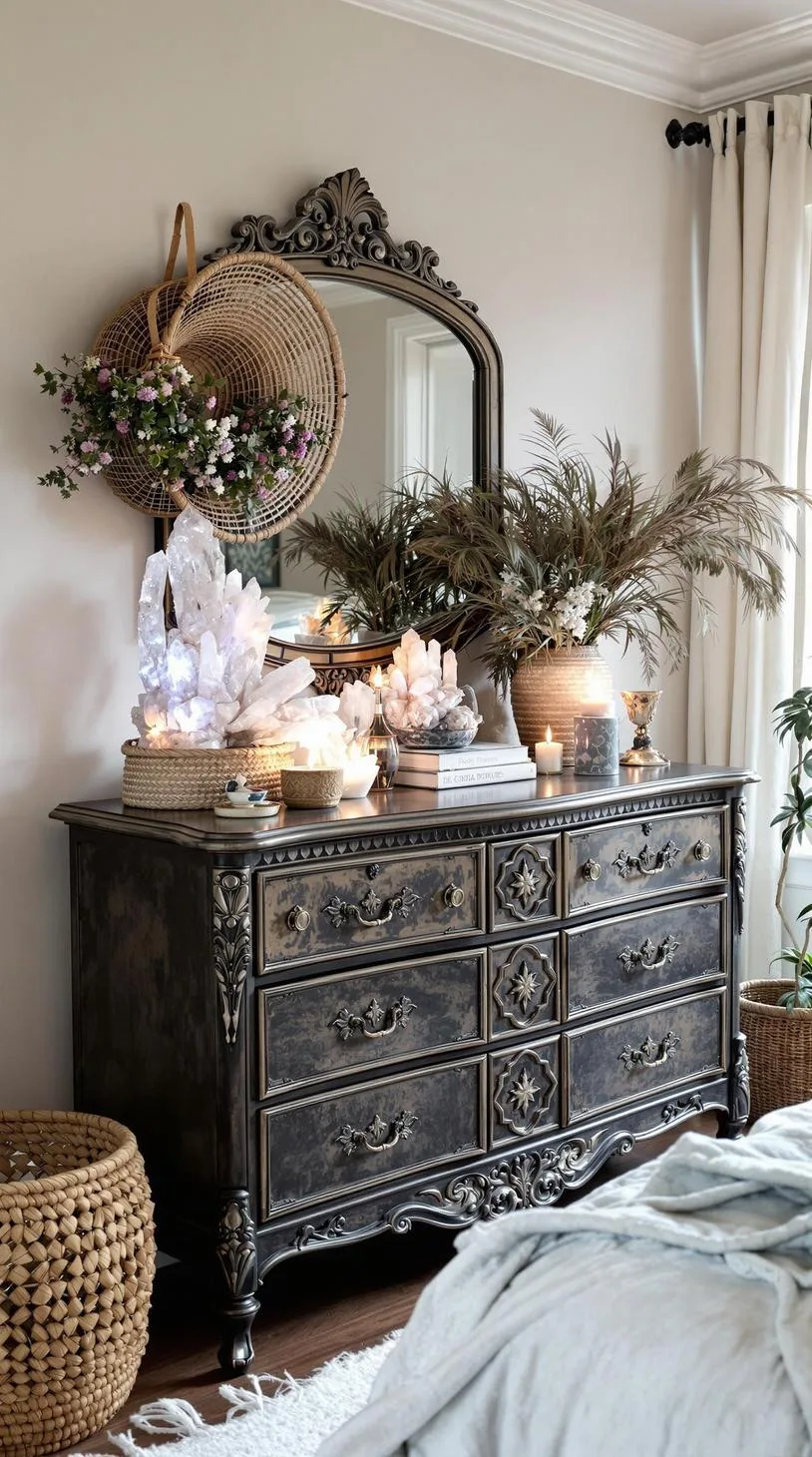 7. A vintage dresser with carved details, crowned with crystal clusters and bohemian woven baskets-0