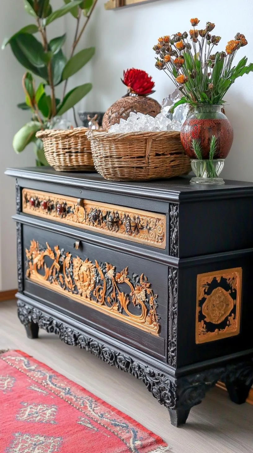 7. A vintage dresser with carved details, crowned with crystal clusters and bohemian woven baskets-1