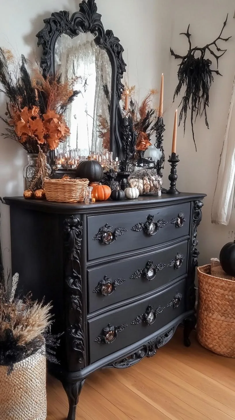 7. A vintage dresser with carved details, crowned with crystal clusters and bohemian woven baskets-2