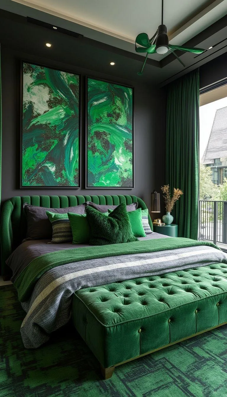 17. Abstract Atmosphere: Integrate black and green abstract art pieces with matching textiles for vibrancy-0