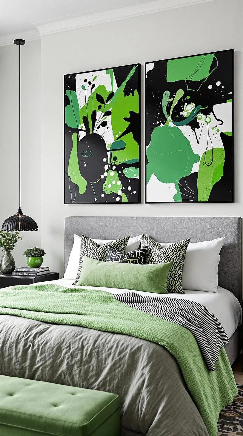 17. Abstract Atmosphere: Integrate black and green abstract art pieces with matching textiles for vibrancy-1