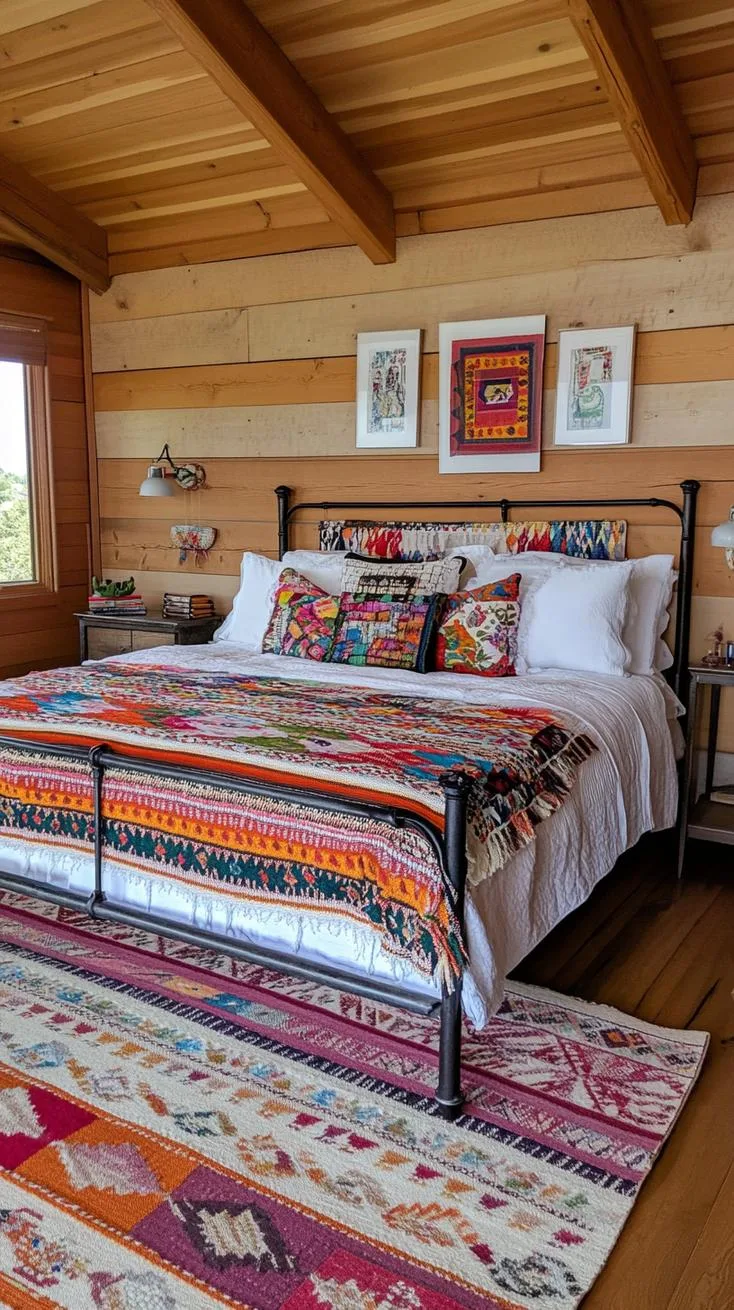 21. Accessorize with layered quilts and throws in serape stripes against a weathered, metal-framed bed-0