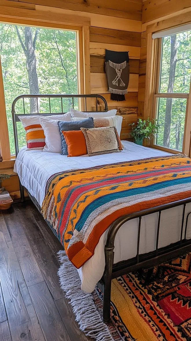21. Accessorize with layered quilts and throws in serape stripes against a weathered, metal-framed bed-1