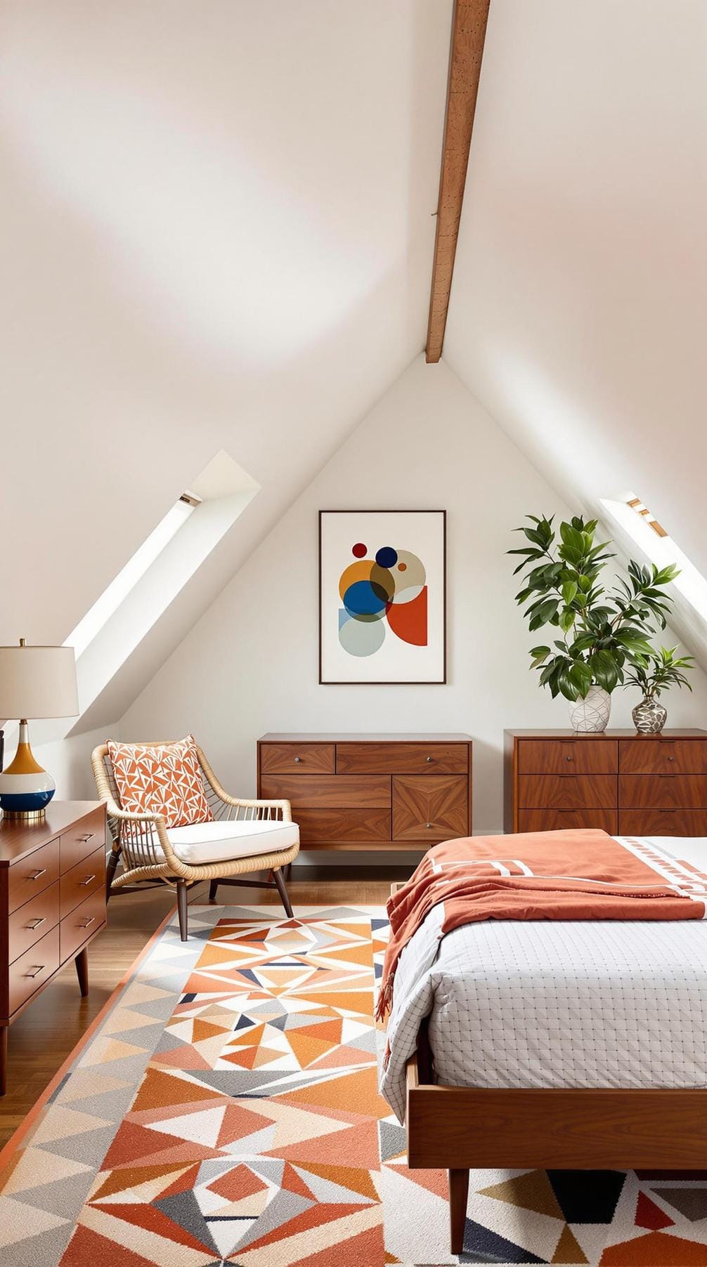 6. Achieve mid-century modern vibes using walnut furnishings, geometric patterns, and burnt orange accents-0